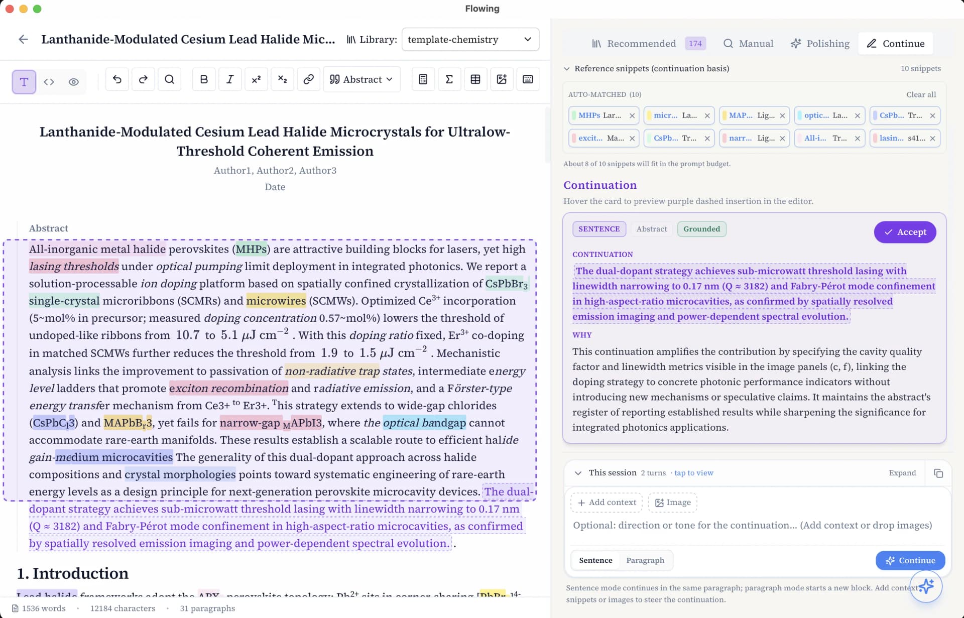 Continuation drafts from reference snippets in your library—so the next sentence stays grounded in your evidence.