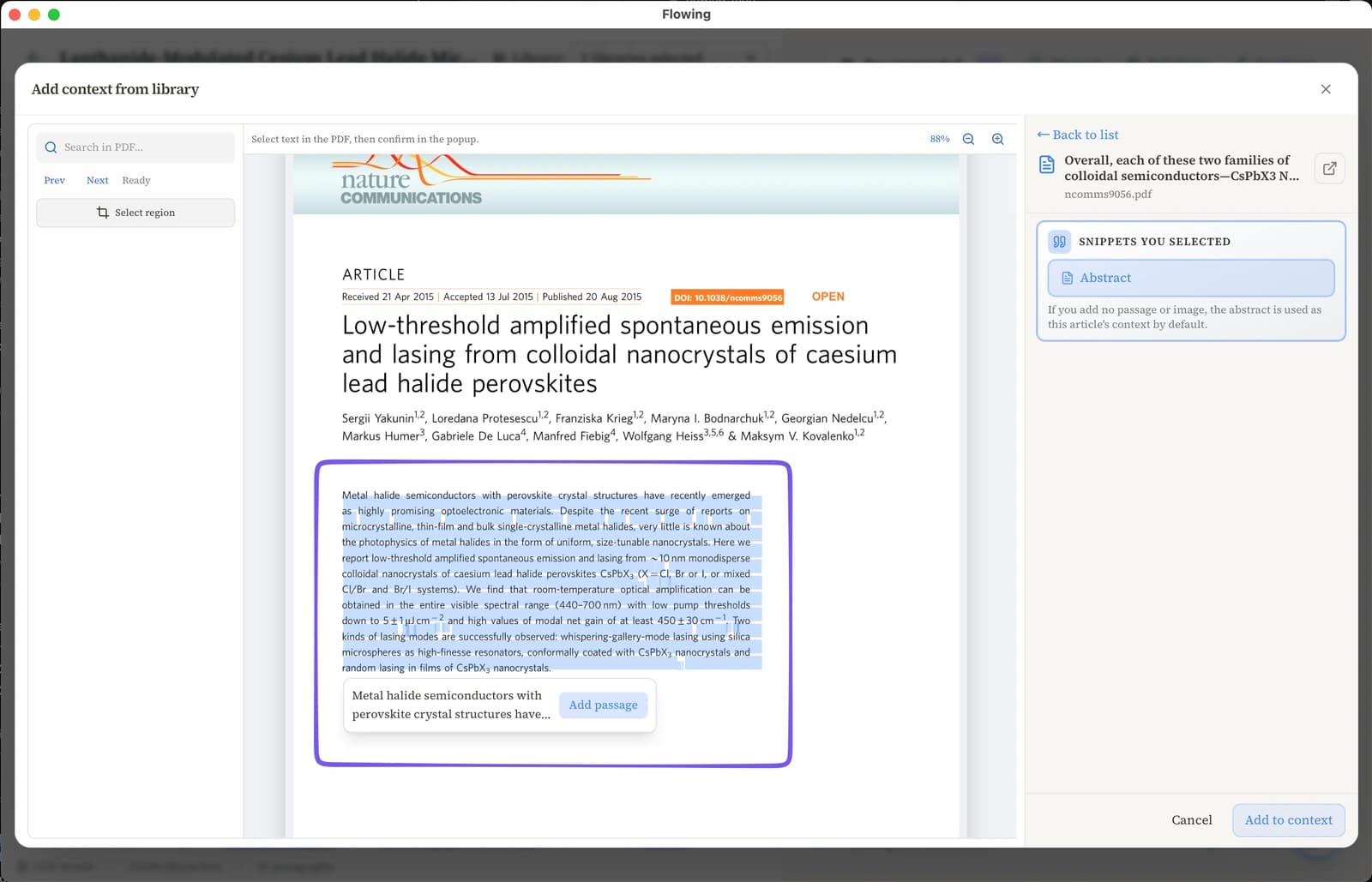 Selecting a text passage from a PDF to attach as context