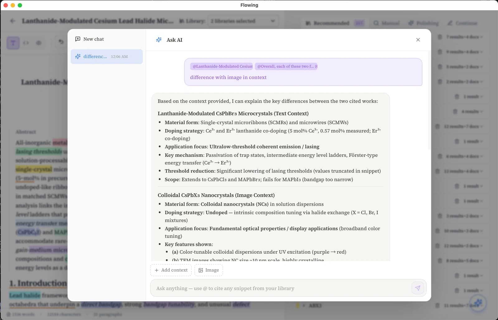 AI chat response with attached context chips and follow-up messages