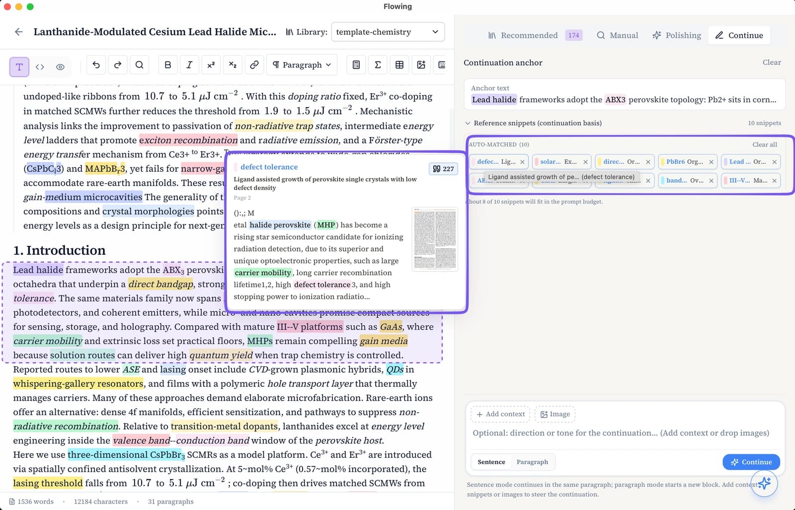 Adding and removing library context chips before continue writing