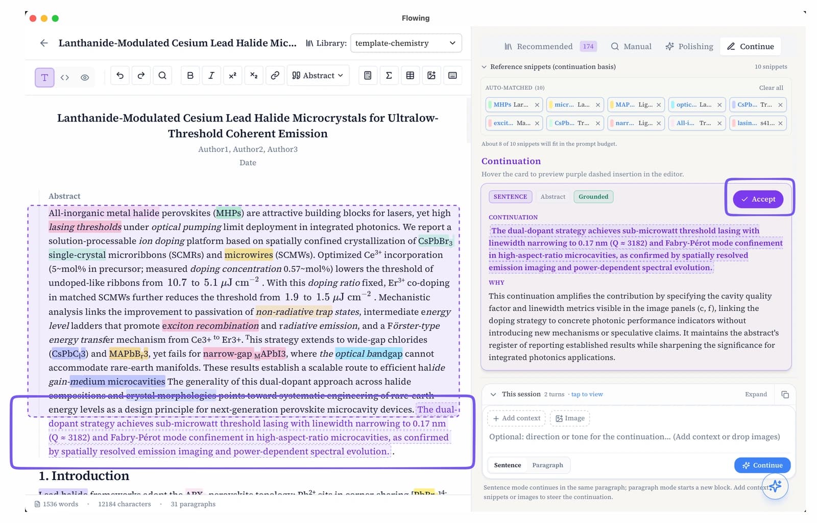 Continue writing result card with evidence panel and Accept