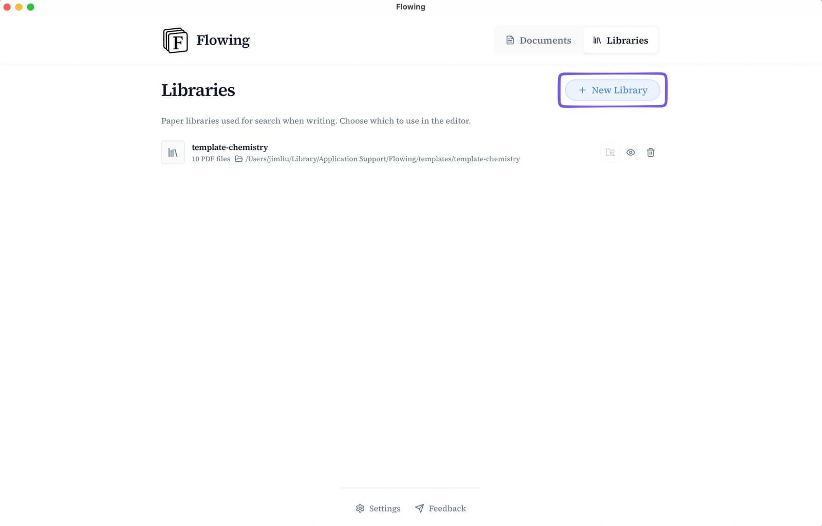 New Library dialog with library name and PDF import
