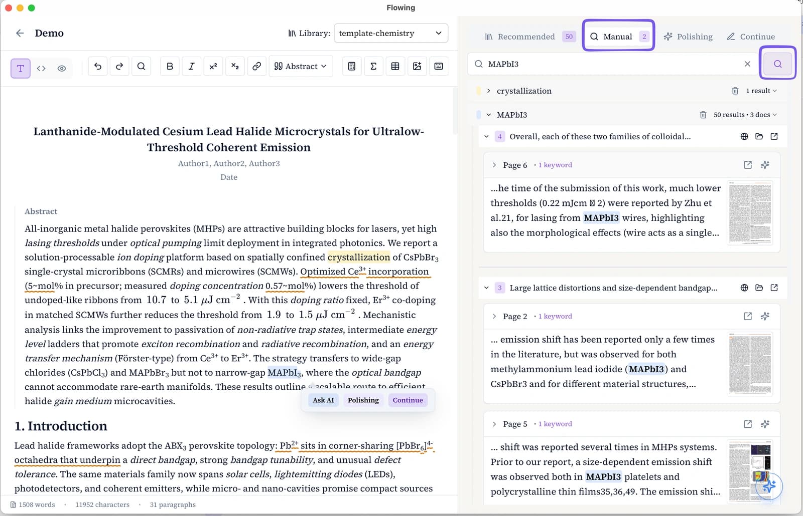 Manual tab in the right panel on the writing page