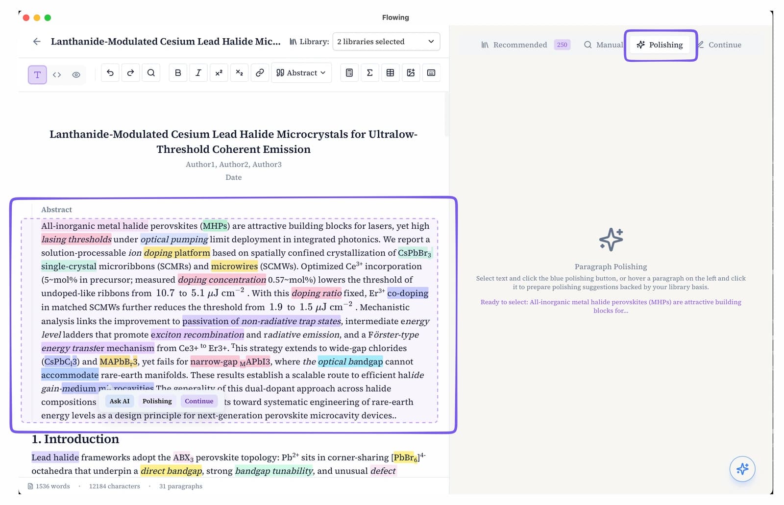 Hovering and selecting a paragraph in content polish mode