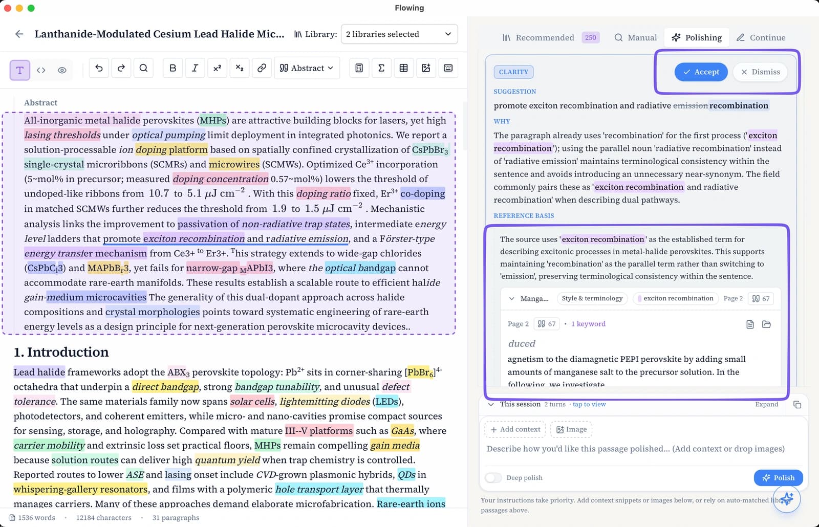 Content polish result card with evidence panel and Accept or Dismiss