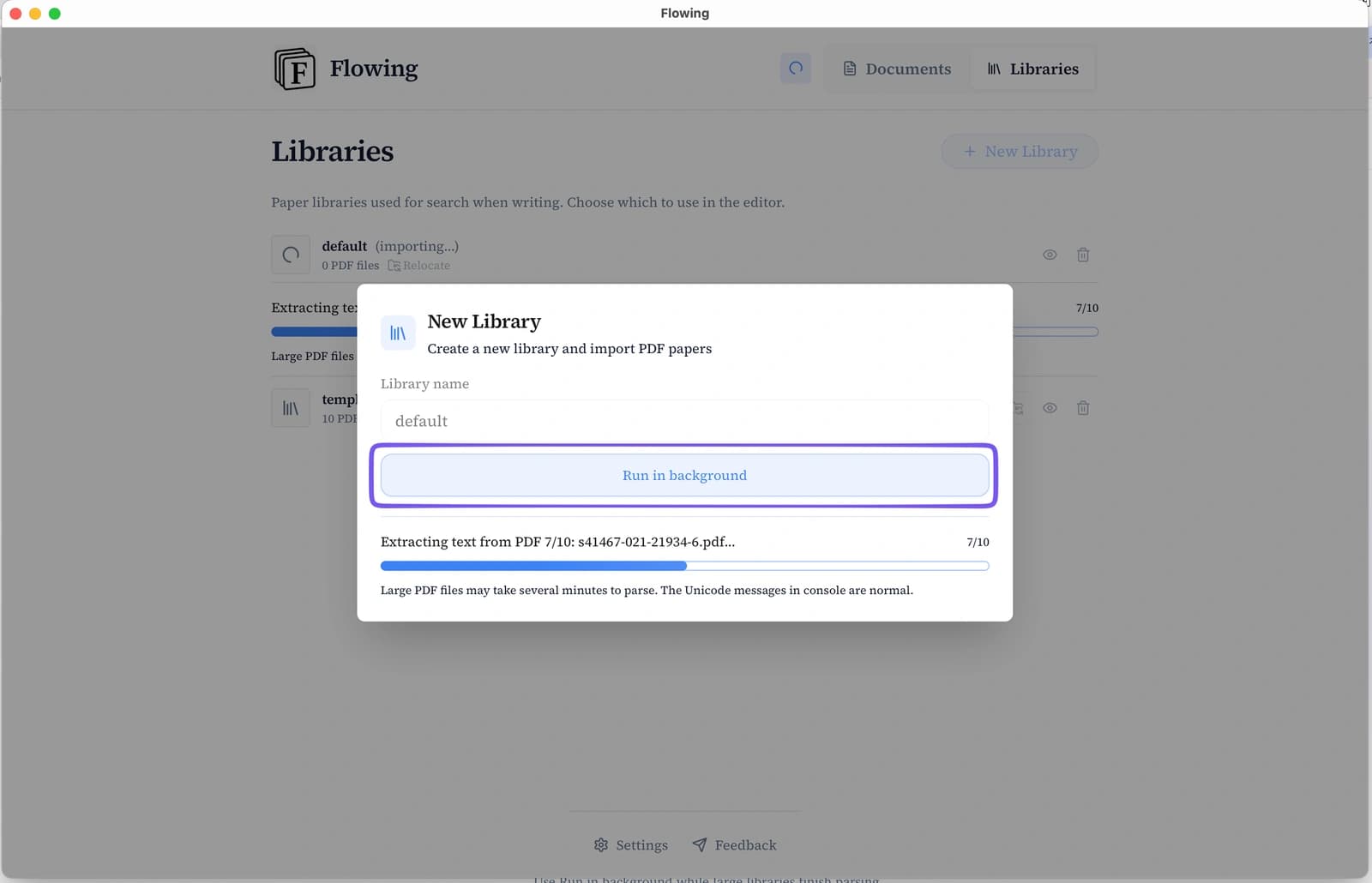 Run in background button during PDF import