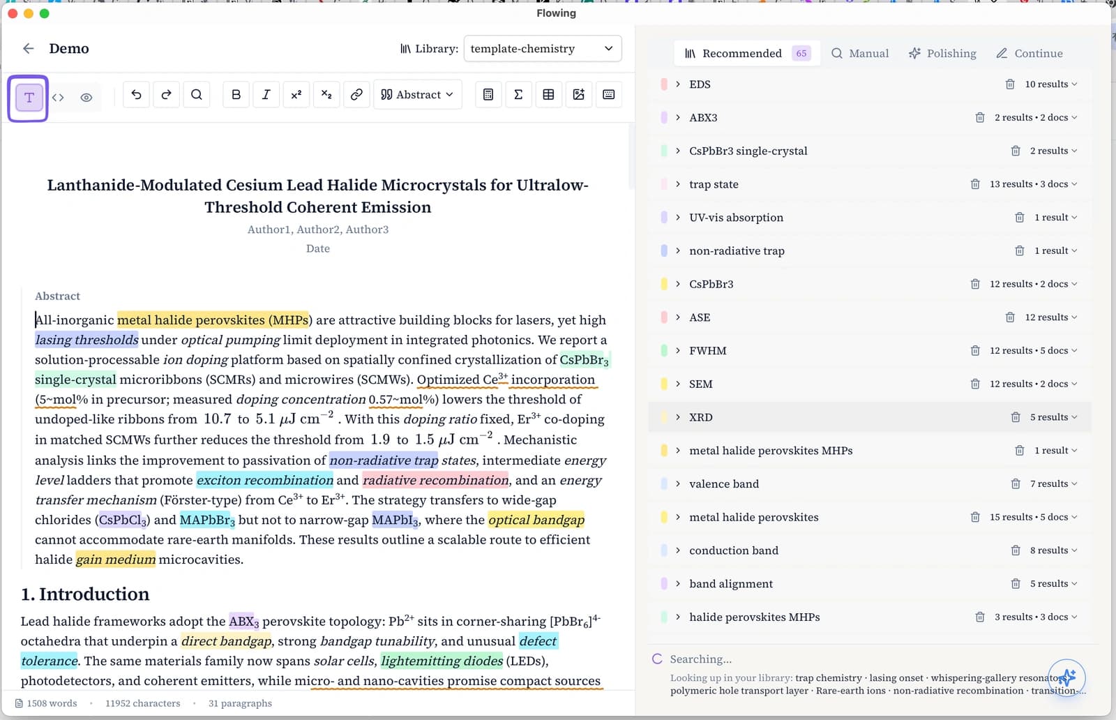 Rich text editor with scientific content and keyword highlights
