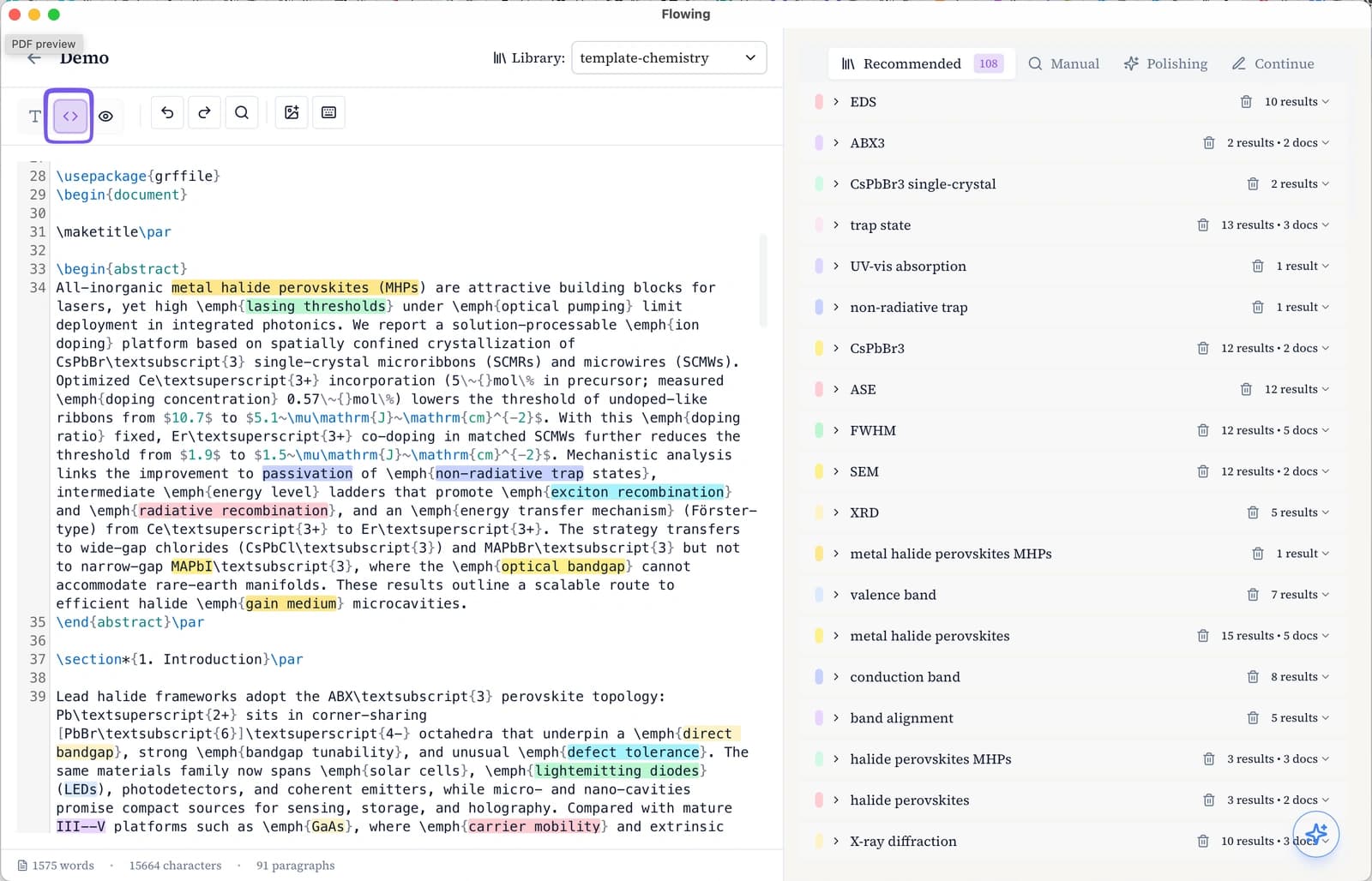 LaTeX source editor alongside the draft