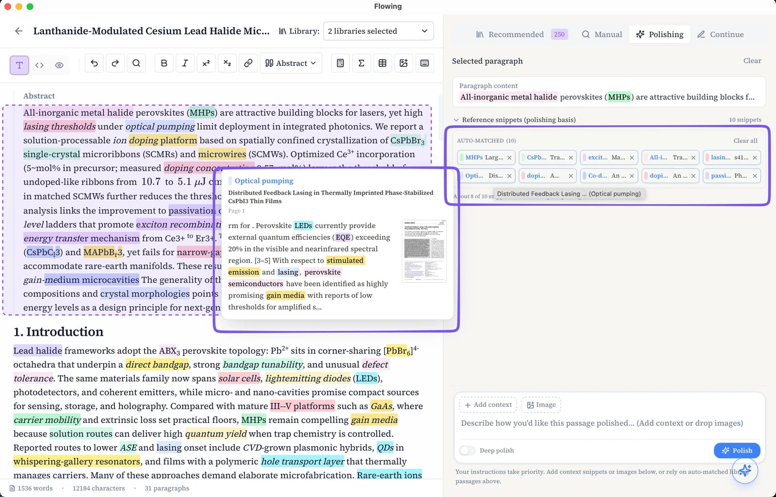 Evidence cards with library snippet excerpts and page thumbnails linked to each AI suggestion
