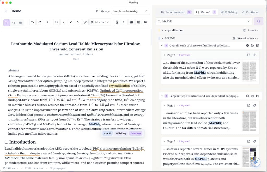 Flowing editor with local paper snippet search and PDF thumbnails in the library sidebar