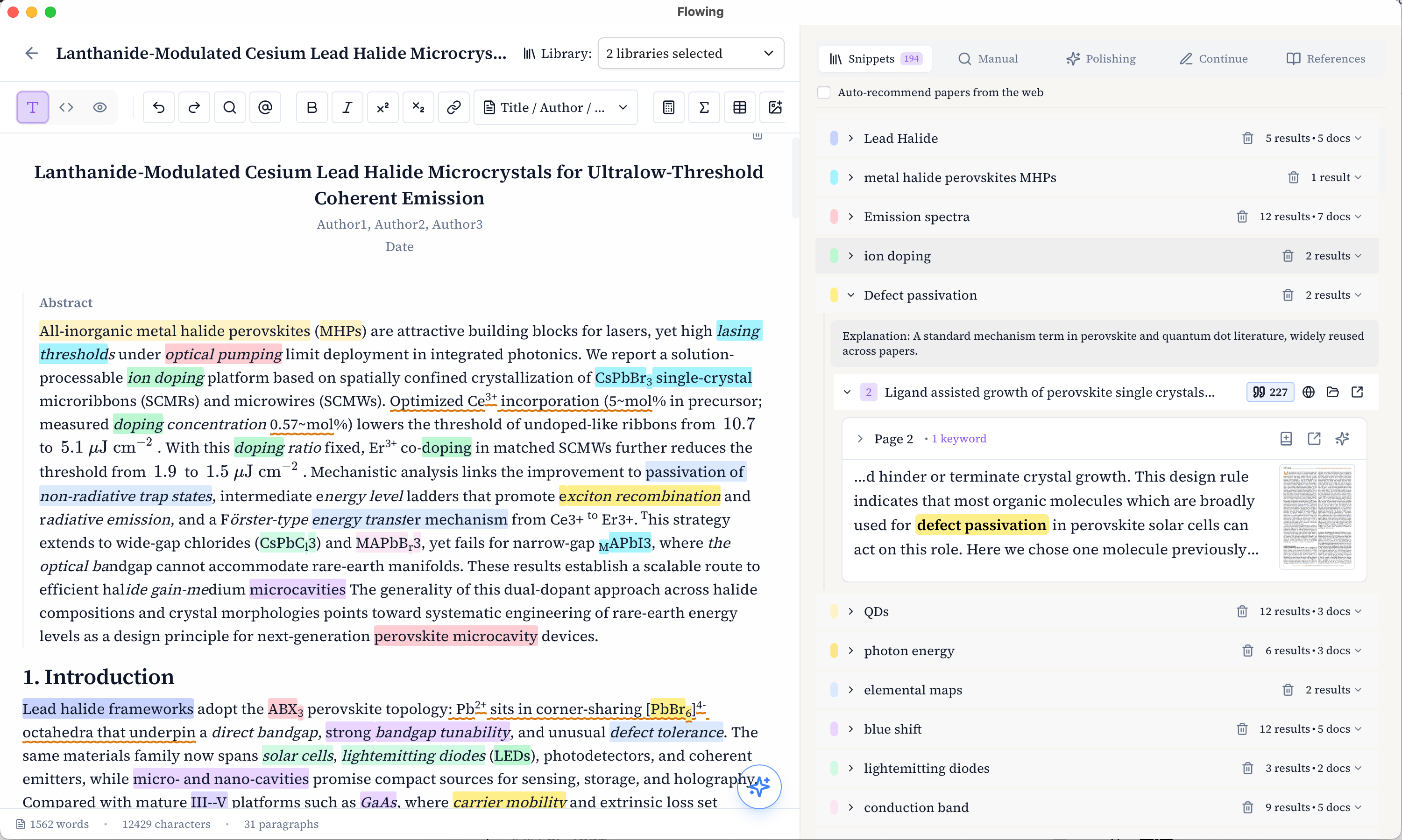 Flowing main workspace — write on the left with research snippets and references on the right