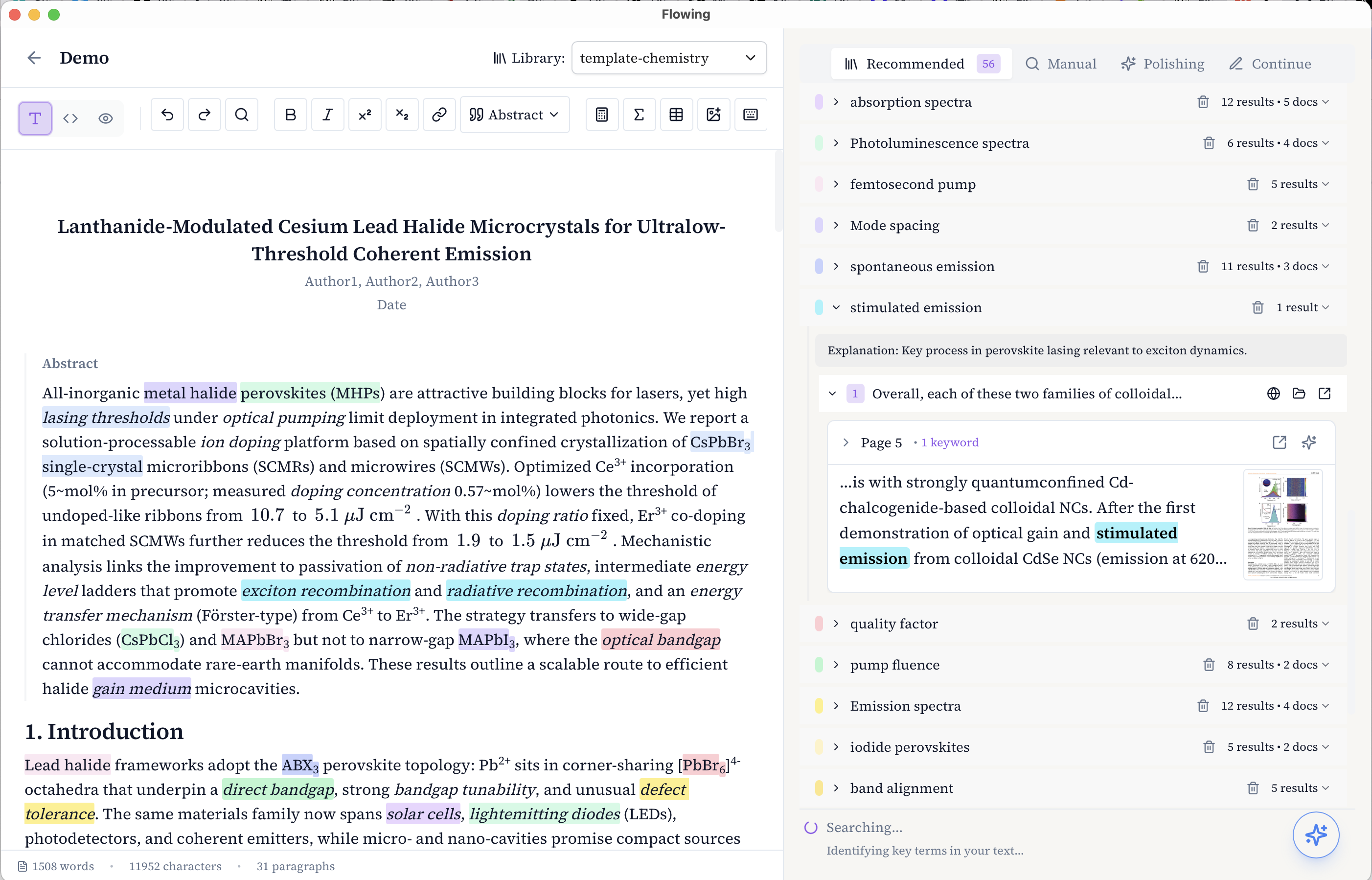 Flowing editor with local paper snippet search and PDF thumbnails in the library sidebar